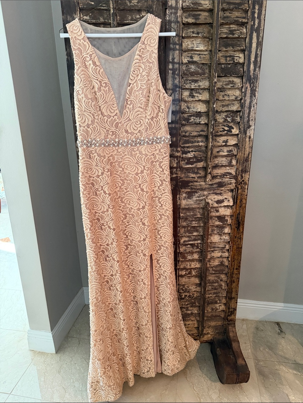 City Studio Blush Lace V-Neck Prom Gown with Beaded Waist